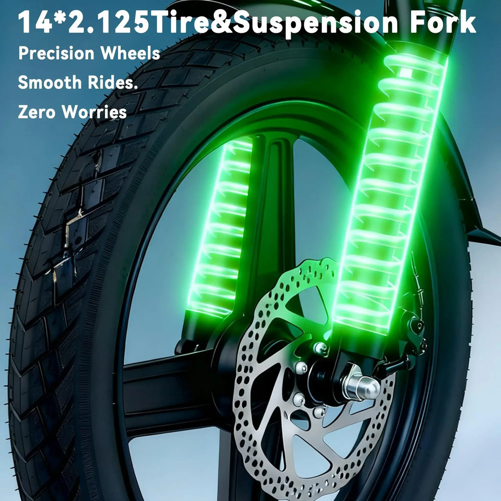 Close-up of electric bike wheel with 14x2.125 tire, suspension fork, and disc brake