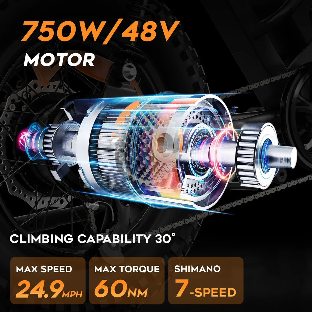Electric bike 750W 48V motor diagram with 30° climbing, 24.9 mph max speed, 60Nm torque, Shimano 7-speed.