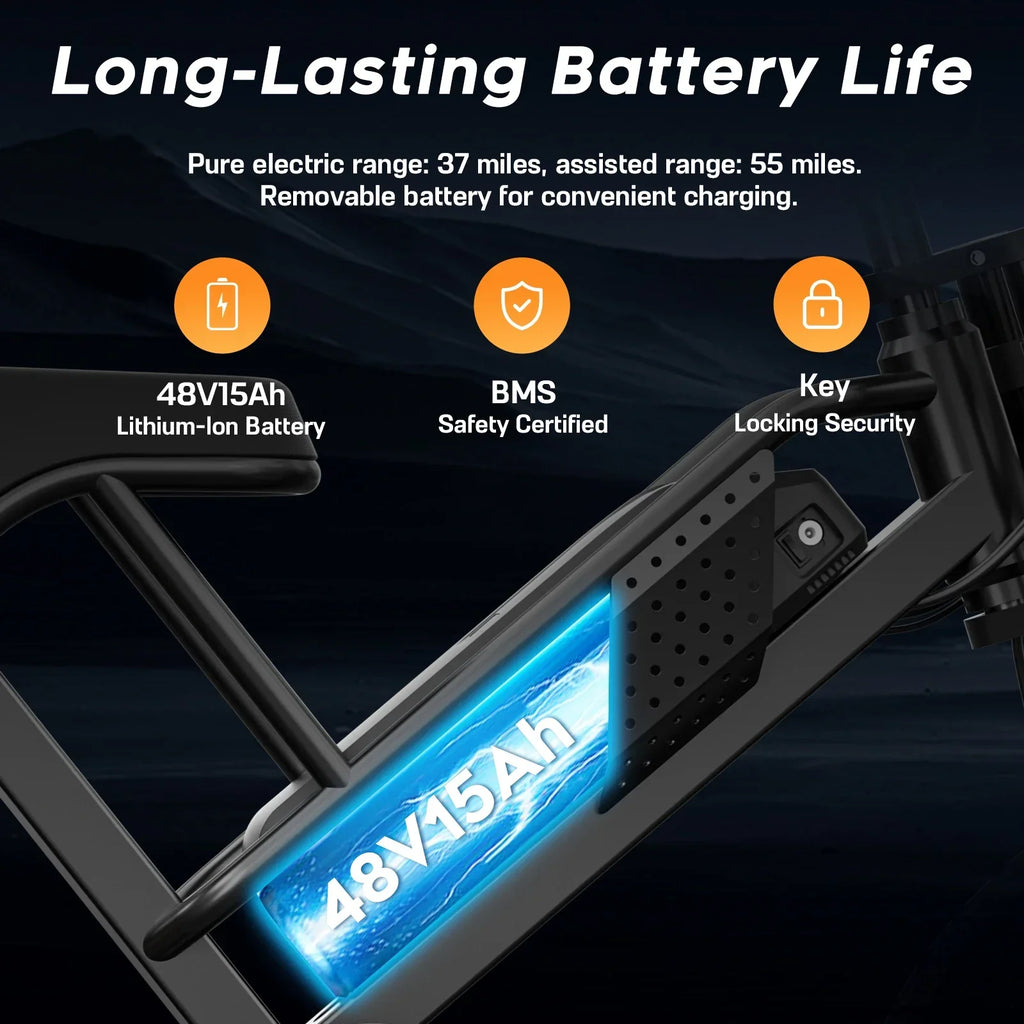 Electric bike with 48V 15Ah lithium-ion battery, BMS safety, and locking key feature