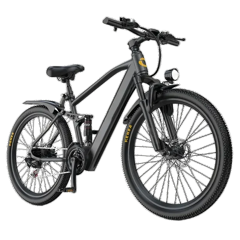 Electric mountain bike with front suspension, disc brakes, and thick tread tires on white background