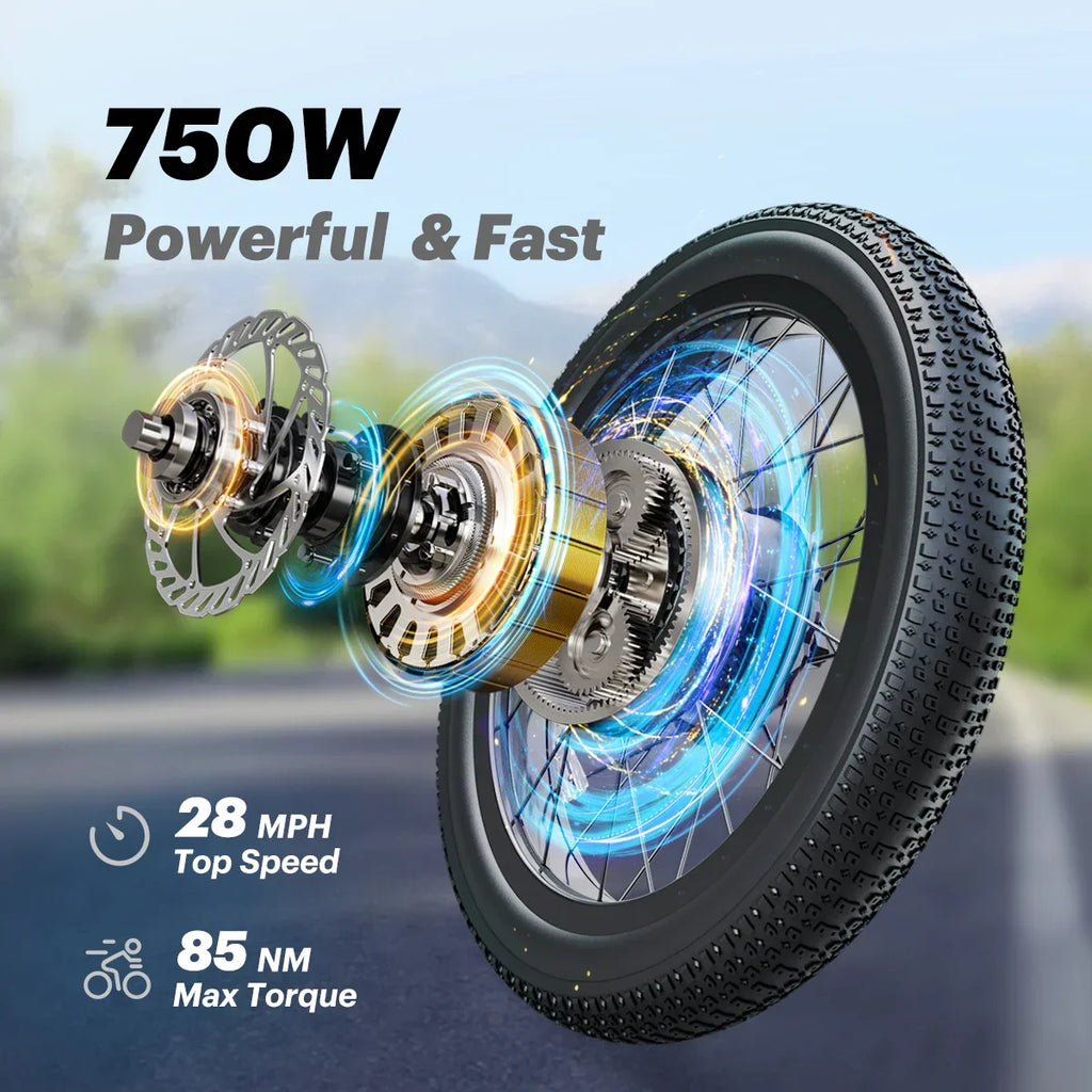 Electric bike motor and wheel, 750W power, 28 mph top speed, 85 Nm max torque