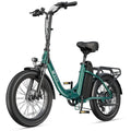 Green electric bike with thick tires, rear rack, and step-through frame on white background