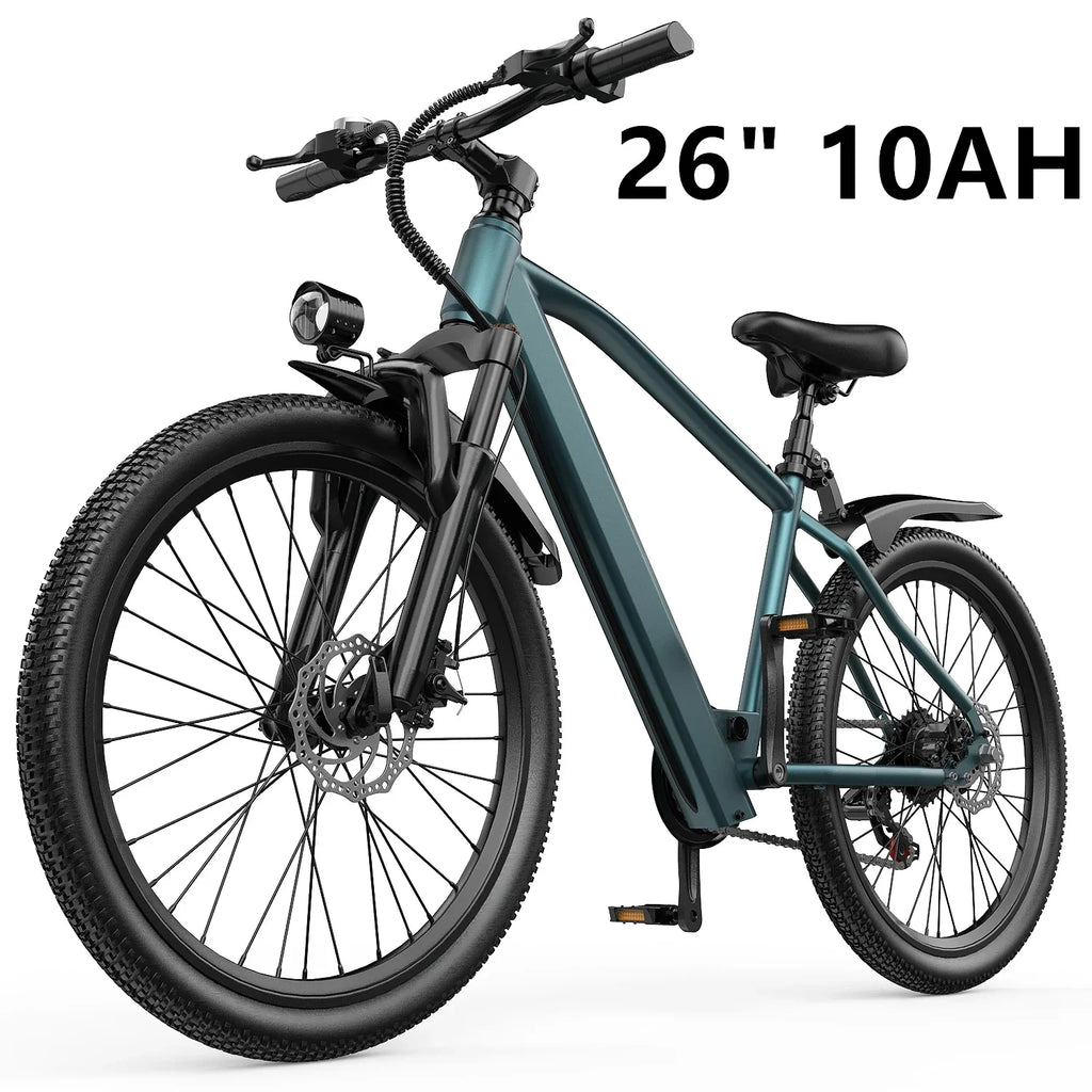 Electric mountain bike with 26-inch tires, 10AH battery, front suspension, and headlight