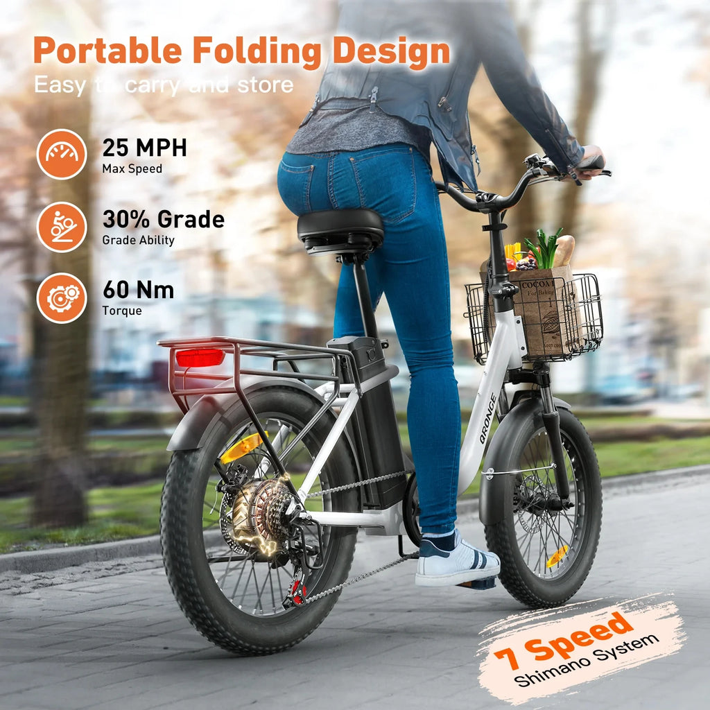 QRONGE 1000W Folding Electric Bike – 70 Mile Range