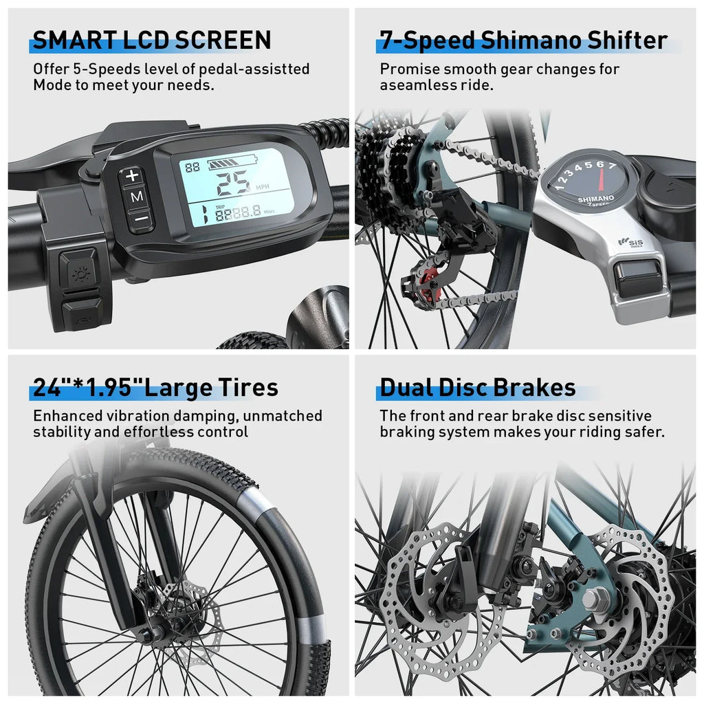 Electric bike features smart LCD display, 7-speed Shimano shifter, large tires, dual disc brakes.