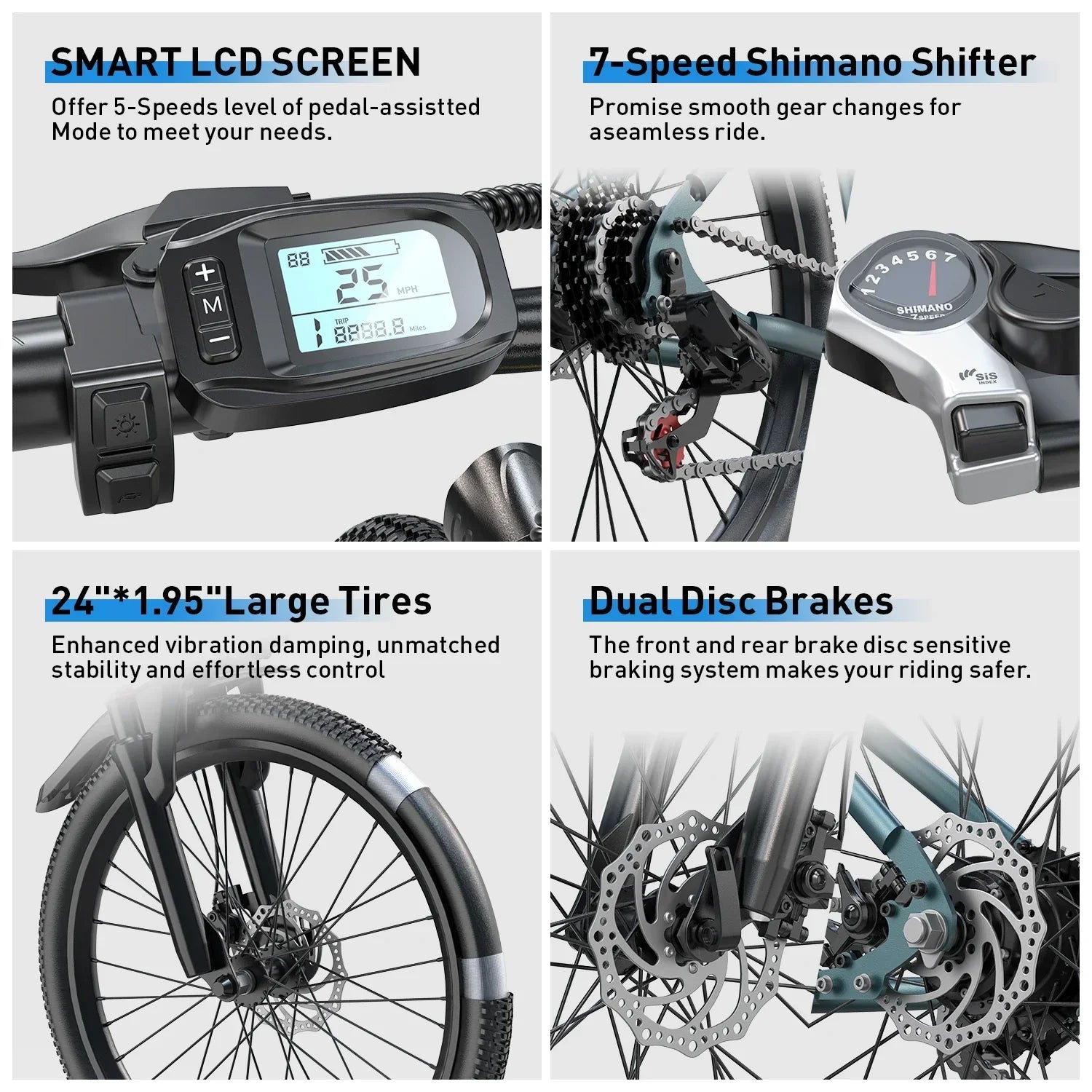 Electric bike features smart LCD display, 7-speed Shimano shifter, large tires, dual disc brakes.