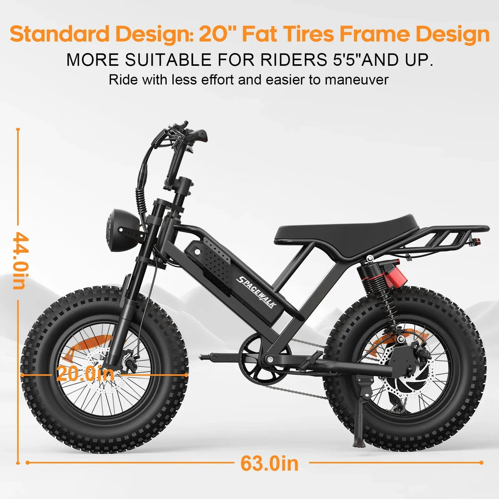 20-inch fat tire electric bike with black frame, front suspension, rear rack, and size dimensions