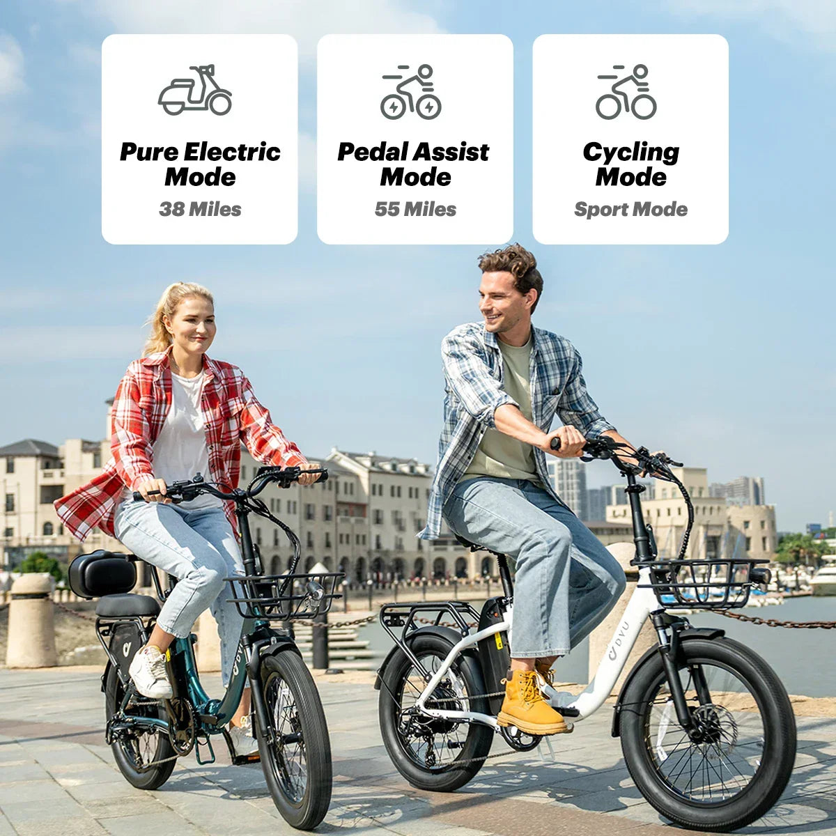 Two people riding electric bikes outdoors with different riding modes displayed above, including pure electric, pedal assist, and cycling mode.