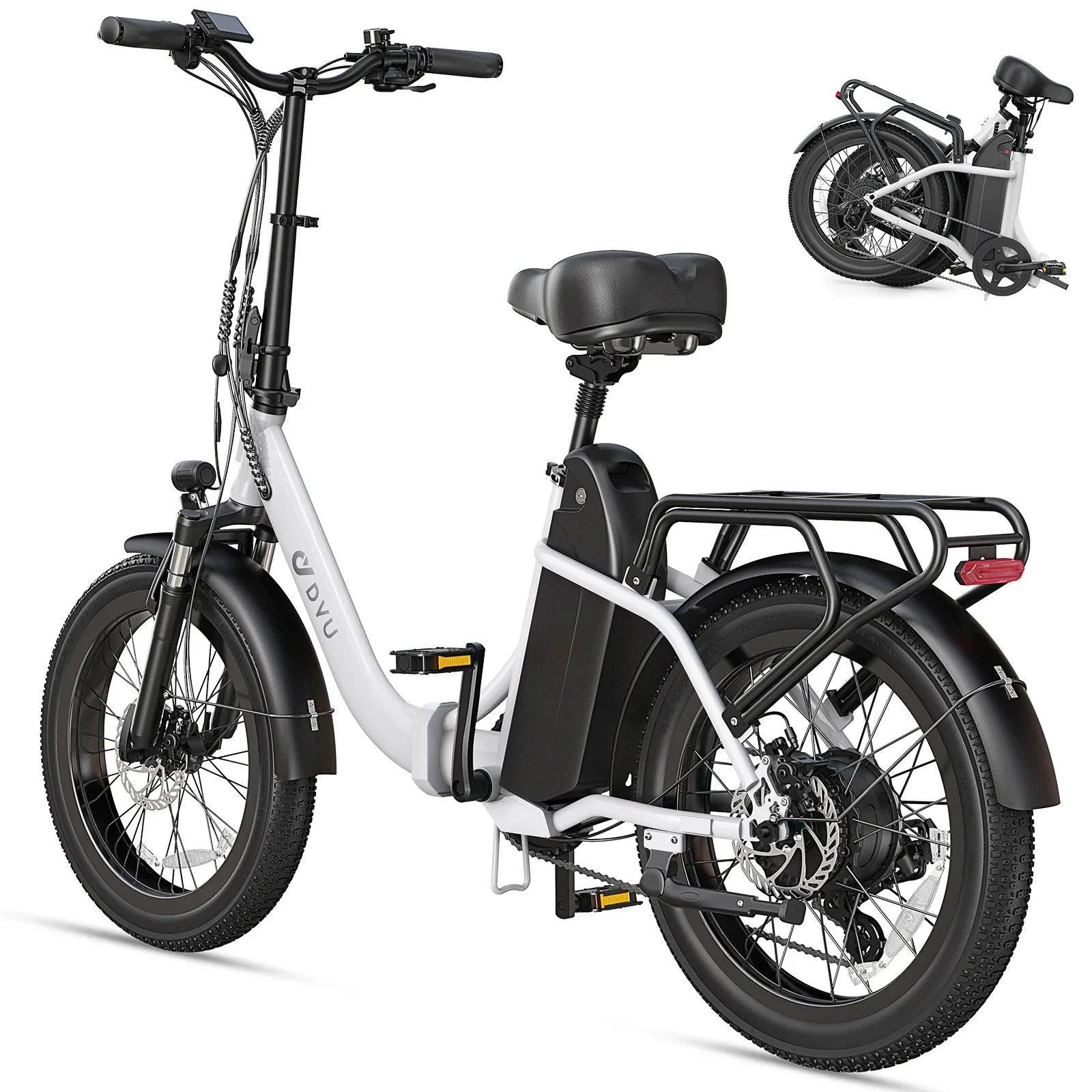 Foldable electric bike with fat tires, rear rack, and step-through frame on white background