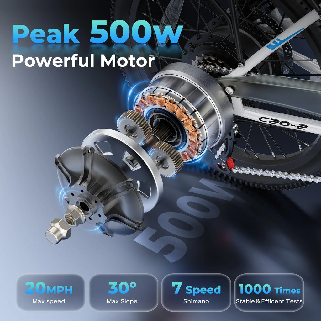 Electric bike motor close-up showing 500W power, Shimano 7-speed, and max speed 20MPH.