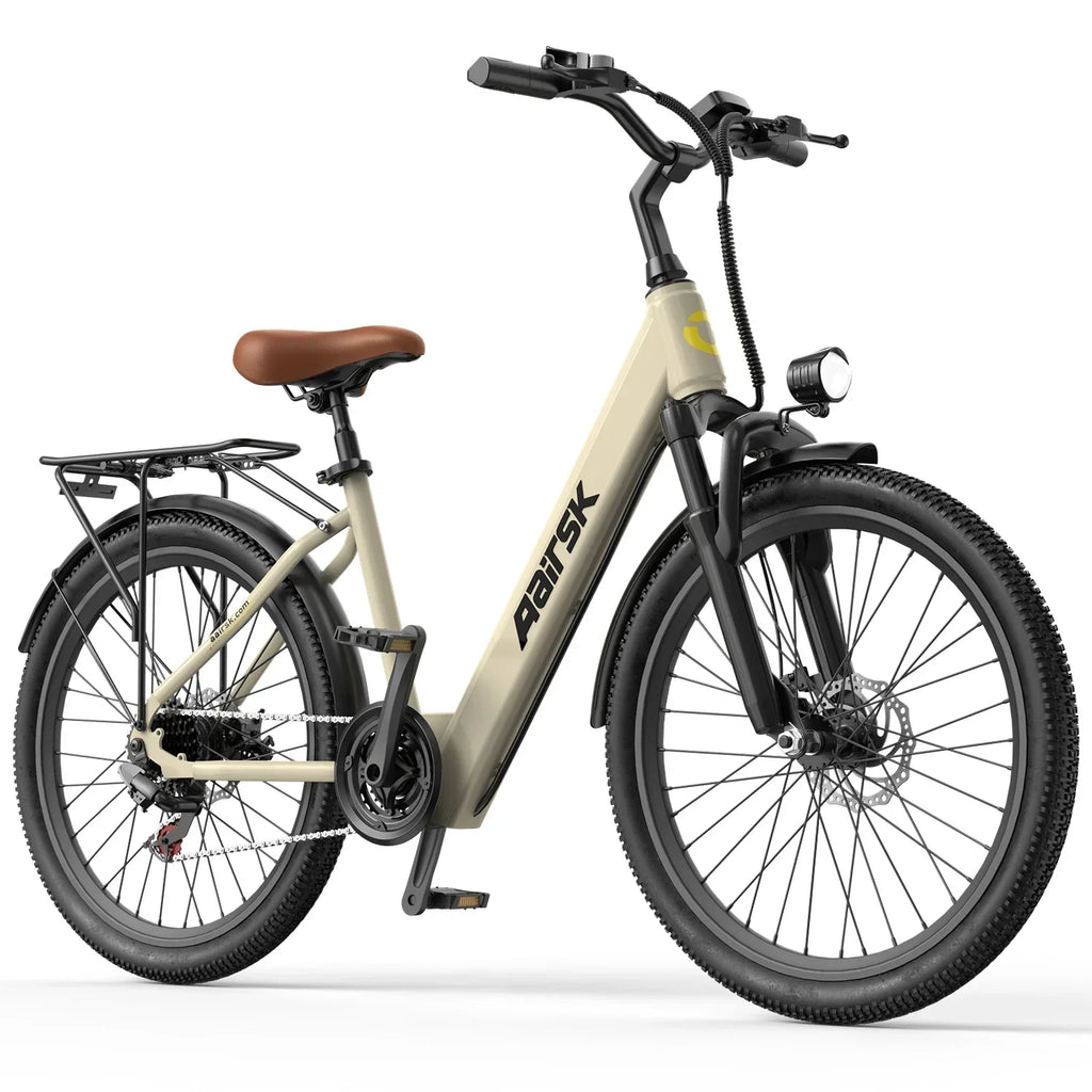 Step-through beige electric bike with front headlight, rear rack, and wide tires