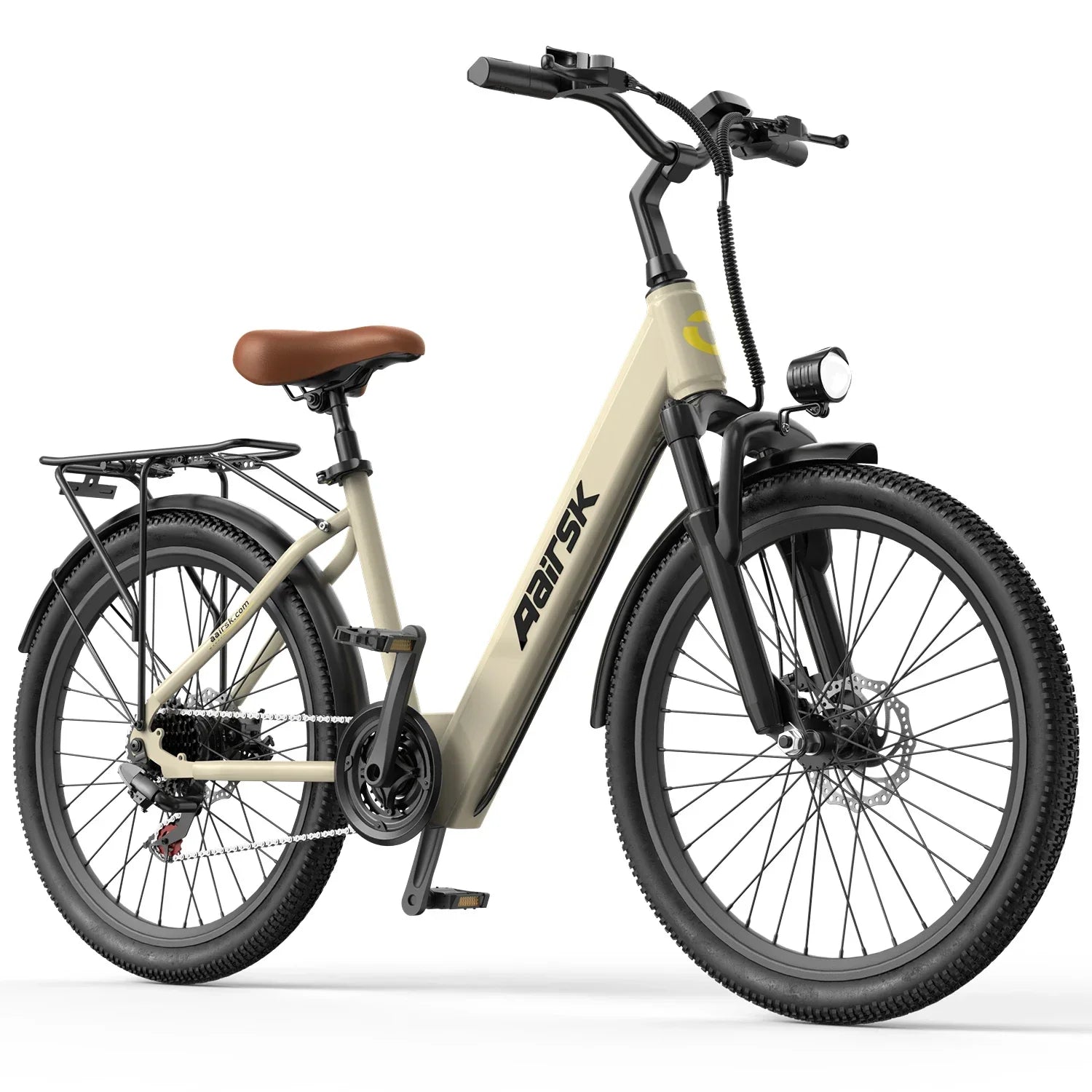 Step-through beige electric bike with front headlight, rear rack, and wide tires