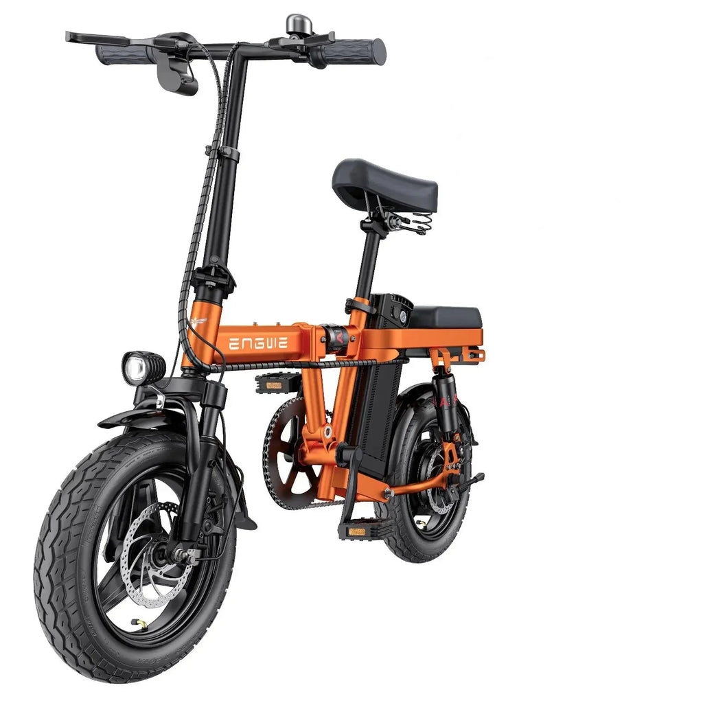 Orange electric bike with thick tires and front headlight on white background