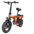 Orange electric bike with thick tires and front headlight on white background