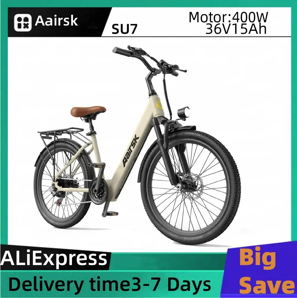 Electric bike with 400W motor, rear rack, brown seat, and fat tires on white background