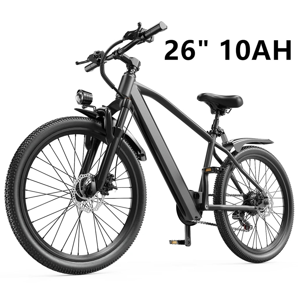 26 inch electric mountain bike with 10AH battery, front light, and disc brakes, on white background.