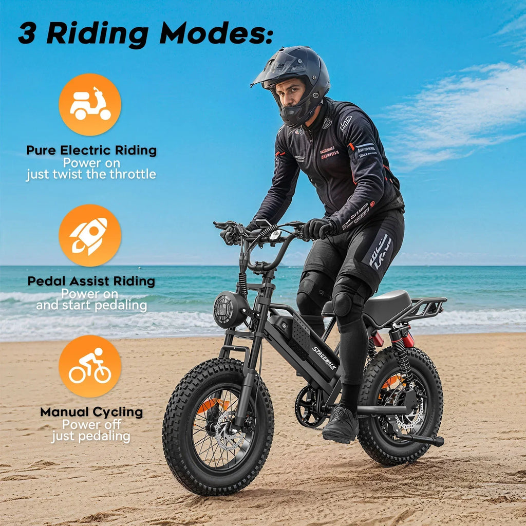 Man riding electric fat tire bike on sandy beach, highlighting 3 e-bike riding modes