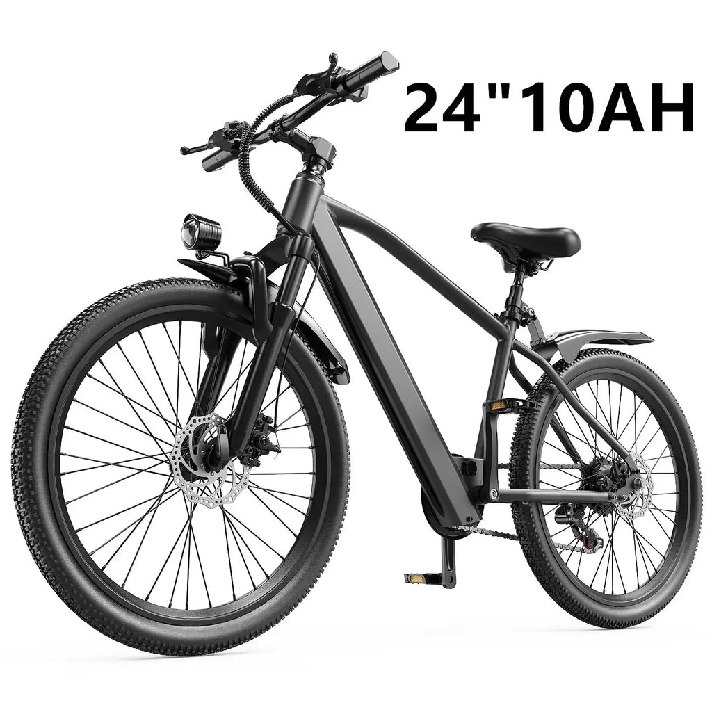 Electric mountain bike with 24-inch wheels, 10AH battery, black frame, and front headlight