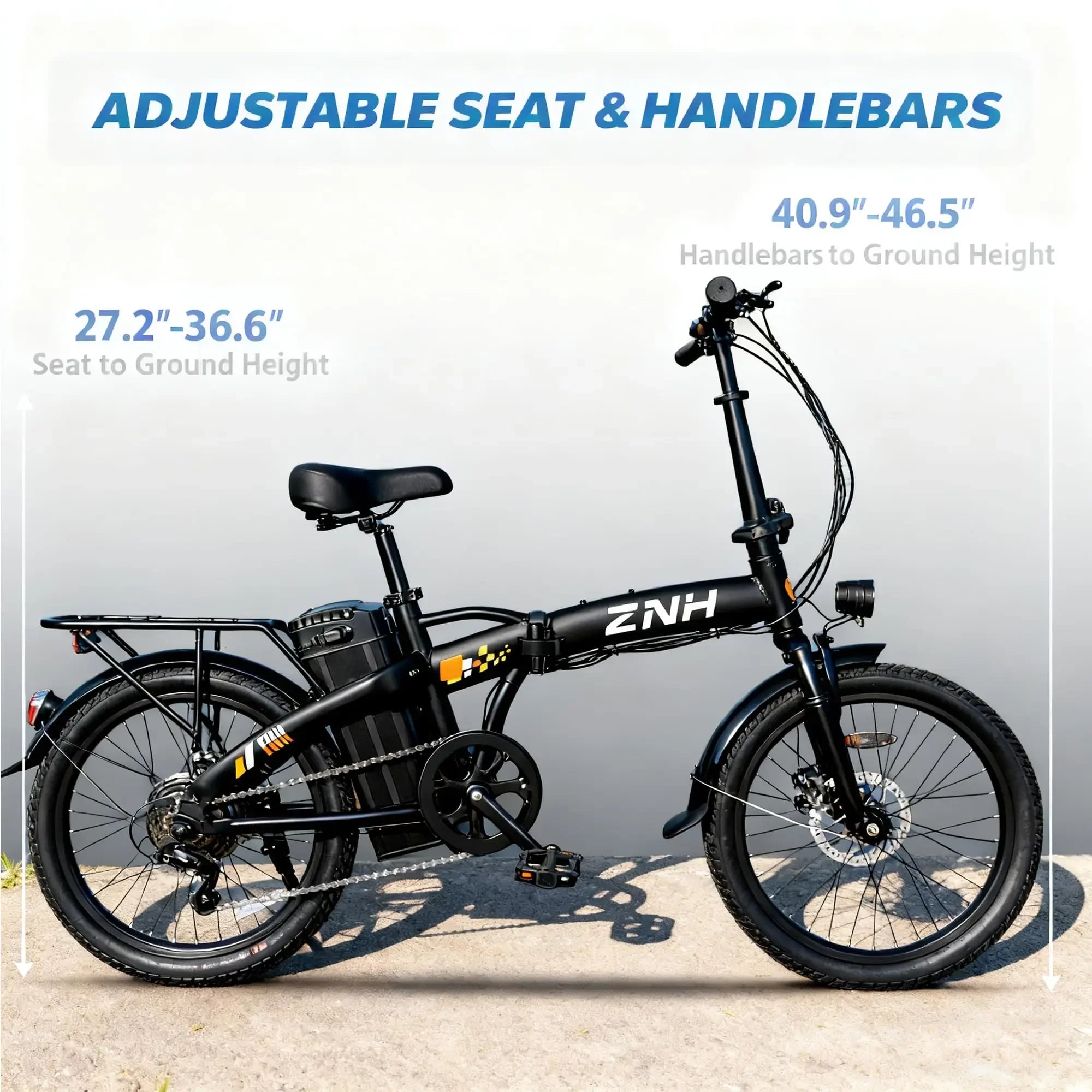Black electric bike with adjustable seat and handlebars, battery pack, and city tires.