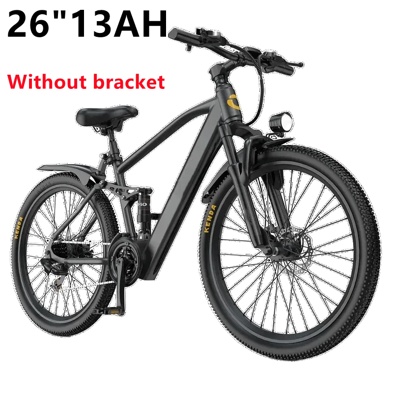 Black electric mountain bike with front suspension, thick tires, and headlight, without bracket