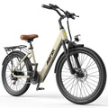 Beige electric bike with step-through frame, rear rack, front light, and all-terrain tires