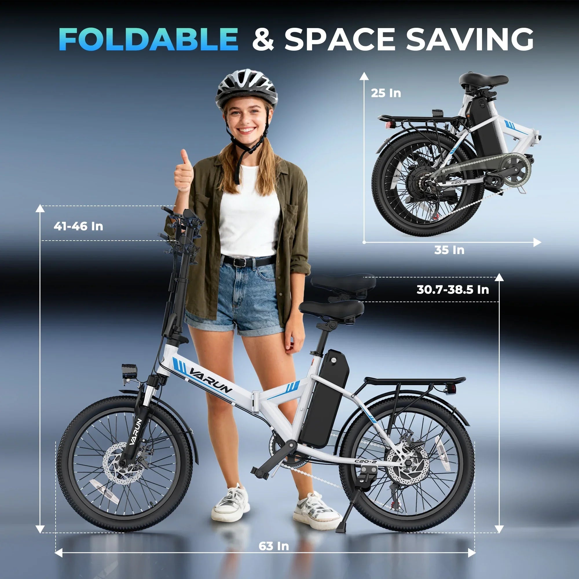 Woman with helmet standing next to foldable electric bike, showcasing compact, space-saving design.