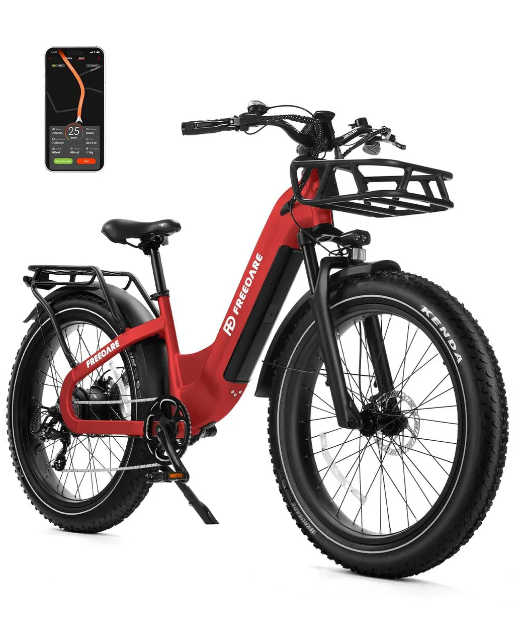 Red fat tire electric bike with front and rear racks, smartphone navigation display