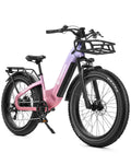 Pink and purple electric bike with front and rear racks, wide tires, all-terrain design