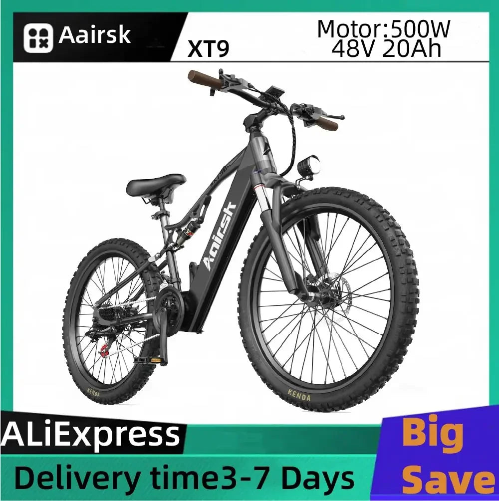 Black AaRisk XT9 electric mountain bike with fat tires, 500W motor, and 48V 20Ah battery