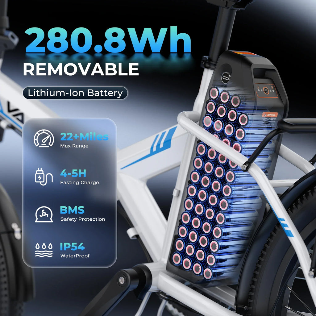 Removable 280.8Wh lithium-ion battery on electric bike with range and waterproof features