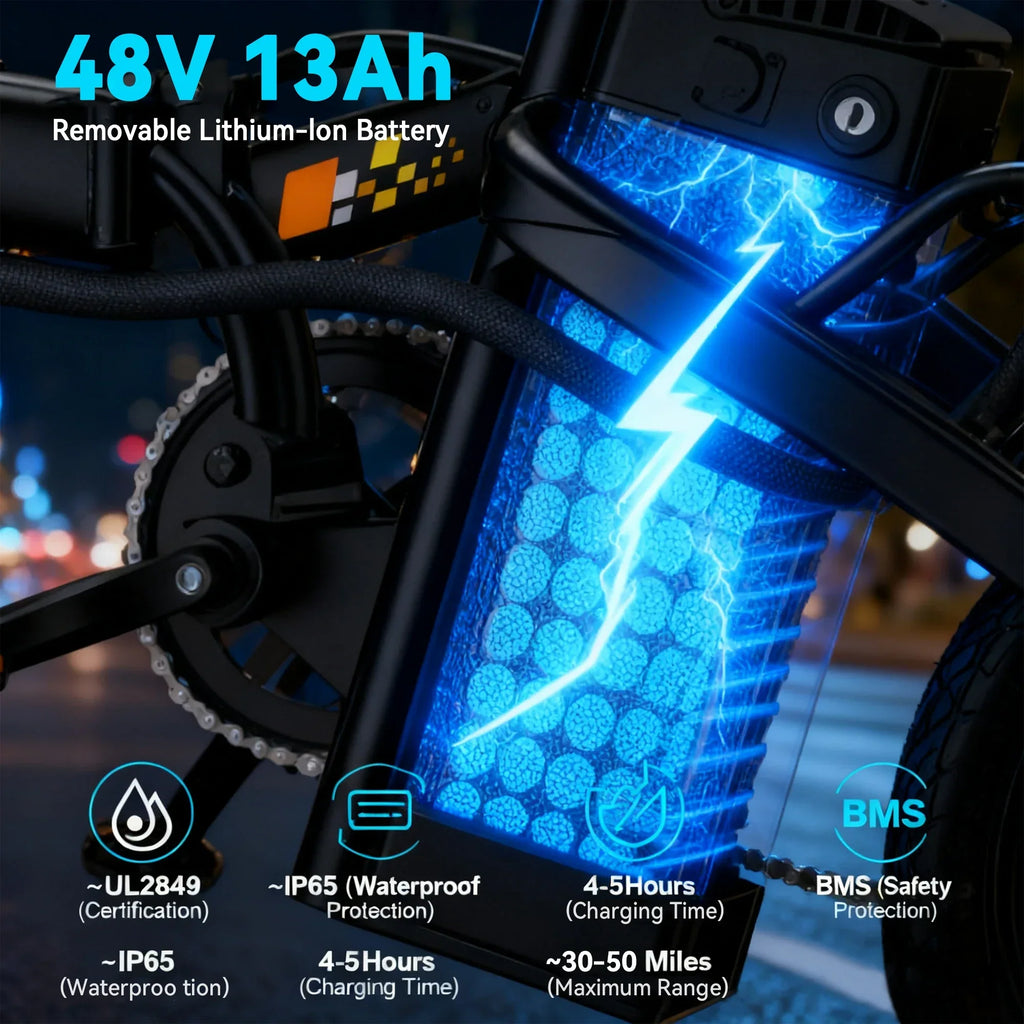Close-up of e-bike removable 48V 13Ah lithium-ion battery with waterproof and safety features.