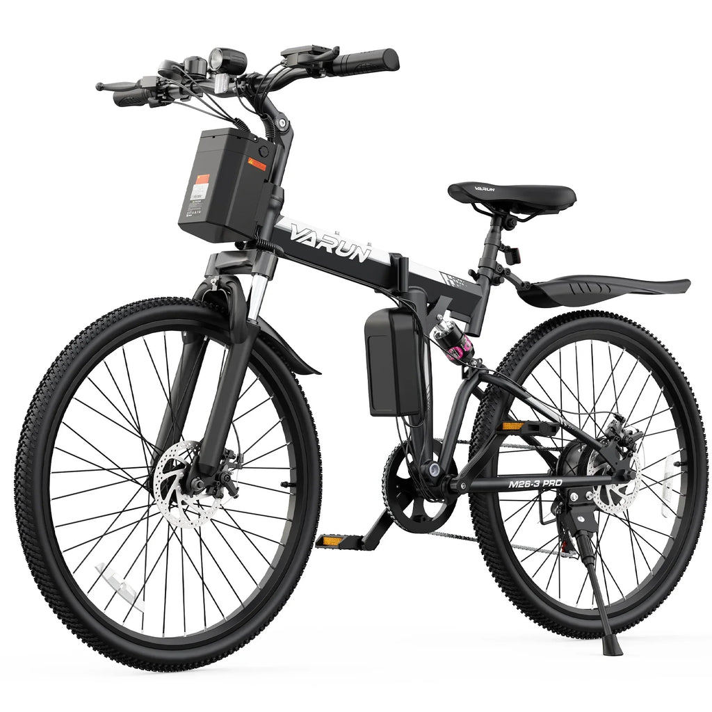 Black electric mountain bike with thick tires, front suspension, battery pack, and disc brakes