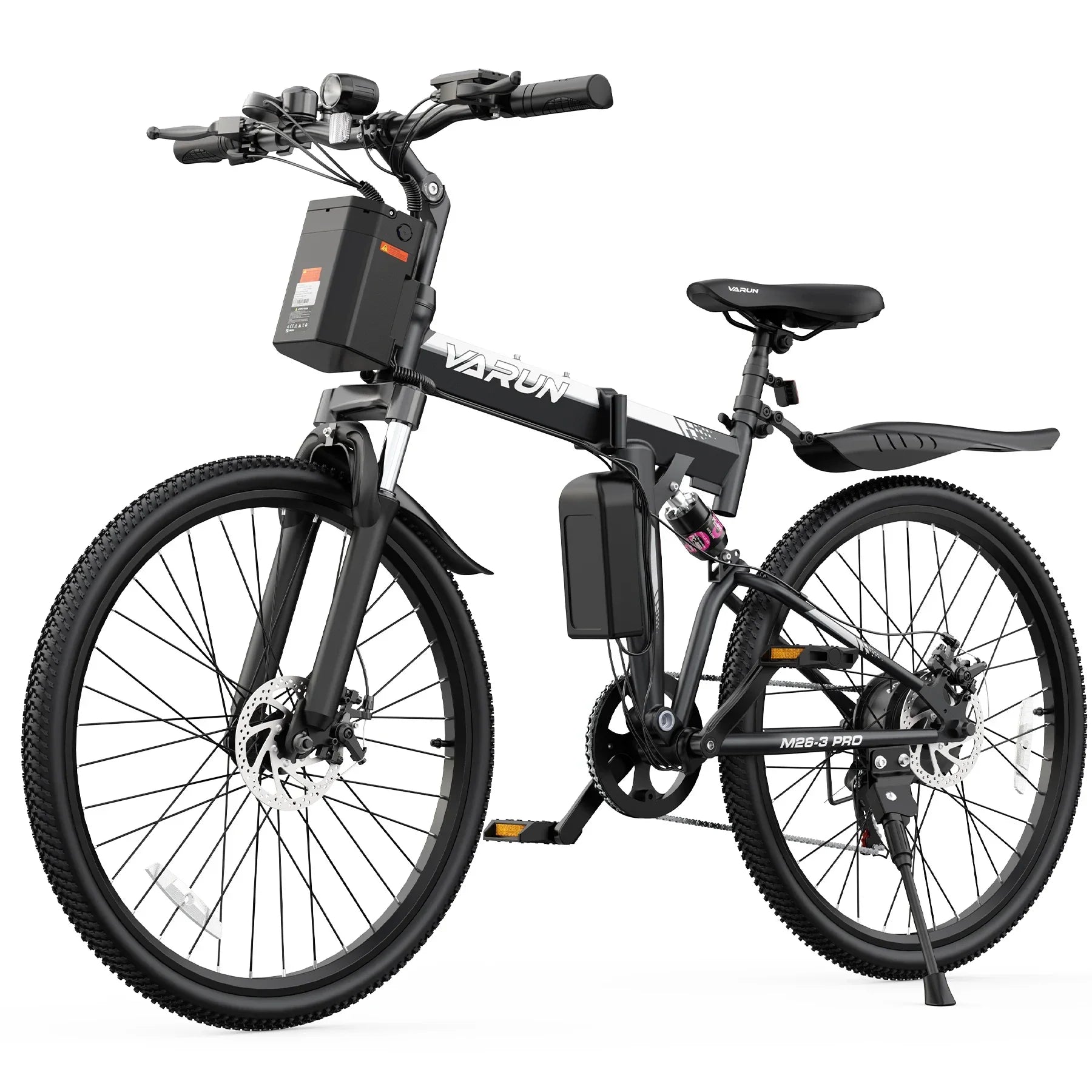 Black electric mountain bike with thick tires, front suspension, battery pack, and disc brakes